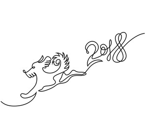 Happy New Year 2018 continuous line design with running dog simbol of the year. Vector illustration.