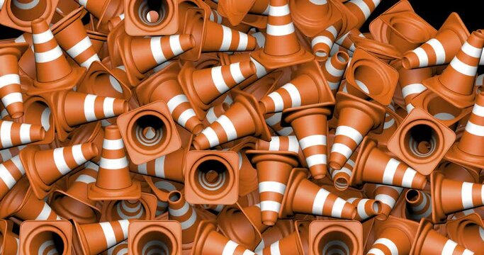Falling traffic cones / 3D animation of plastic traffic cones filling screen