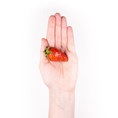 Close up of woman hand holding one strawberry isolated on white background.