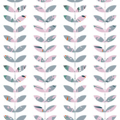 Vector floral seamless pattern with stylized twigs and leaves with marble texture in retro style.