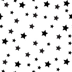 Seamless vector pattern with black and white stars of various sizes on white background. Childish background for postcards, wallpaper, papers, textiles, bed linen, tissue 1.2