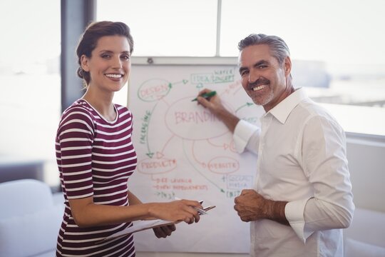 businessman and woman preparing strategy on whiteboard