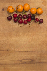 Fresh fruits and vegetables on the wood table