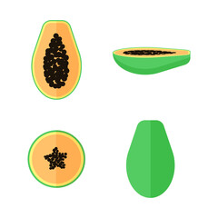 Vector papaya exotic fruit set in flat style with seeds isolated on the white background