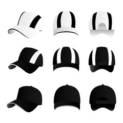 Strip baseball cap black color with colored mesh and adjustable rubber strap isolated vector set