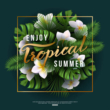 Tropical card with calligraphy design. Vector travel illustration eps 10 format.