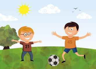 Happy children playing football on the field. Vector cartoon illustration.