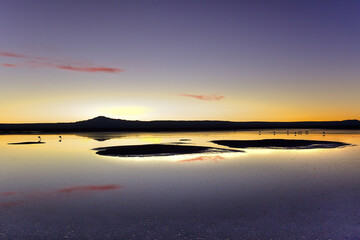 Fototapeta na wymiar The soft colors of sunset illuminate the calm waters of a salty lagoon in Atacama Desert. Chile. South America