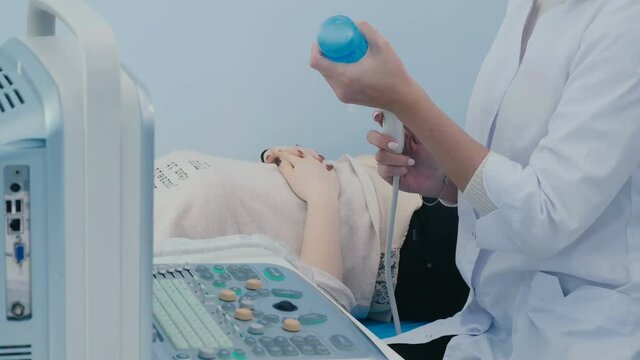 Doctor put the gel on convex sensor for ultrasonography