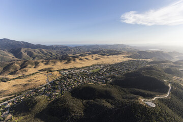 Aerial view of suburban housing and Santa Monica Mountains Parks in Newbury Park near Los Angeles, California. 