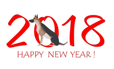 Greeting card for New Year 2018 with sitting Dog German shepherd