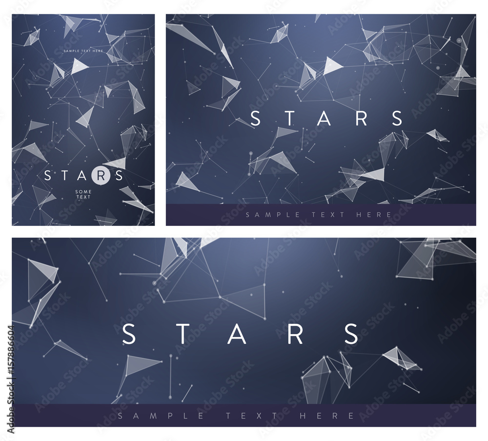 Poster set of banner or flyer layouts. 3d abstract mesh backgrounds with circles, lines and triangular shap