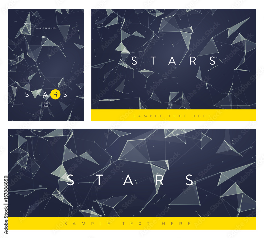 Poster set of banner or flyer layouts. 3d abstract mesh backgrounds with circles, lines and triangular shap