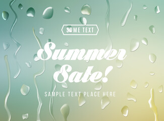 Advertisement about the summer sale on defocused background with water drops.