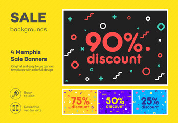 Set of modern colorful poster, banner, flyer template in the Memphis style. Big Sale. Special offer discount