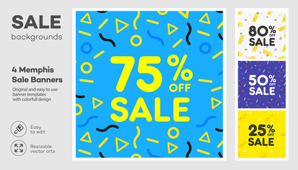 Set of modern colorful poster, banner, flyer template in the Memphis style. Big Sale. Special offer discount