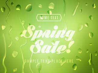 Advertisement about the spring sale on defocused background with water drops
