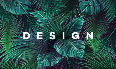 Poster Heldere tropische achtergrond met jungle planten. Exotisch patroon met palmbladeren. © stonepic