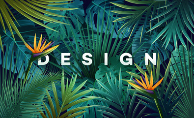 Bright tropical background with jungle plants. Exotic pattern with palm leaves. - obrazy, fototapety, plakaty