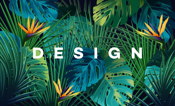 Bright tropical background with jungle plants. Exotic pattern with palm leaves.