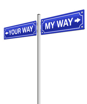 My way - your way - road sign, symbolic for divorce, farewell and going separate ways, different routes or opposite directions - isolated vector illustration on white background.