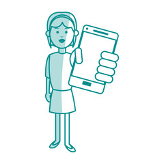 Flat line monocromatic woman holding smartphone over white background vector illustration