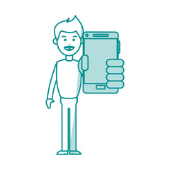 Flat line monocromatic man holding smartphone over white background vector illustration