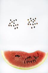 Beautifully cut watermelon slice. Watermelon on white background. Beautiful ripe watermelon close-up.