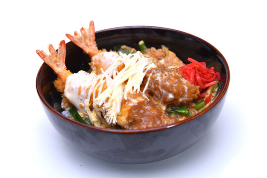 Ebi Katsudon (Japanese deep fried prawn rice bowl) isolated on white background with clipping path