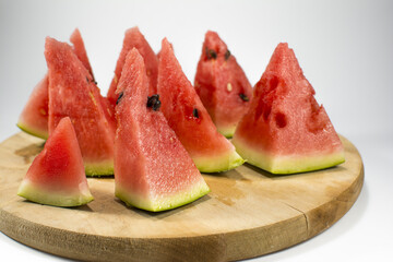 Beautifully cut watermelon slices. Beautiful ripe watermelon close-up.