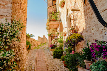 View of the city and small lanes of the town of Spello in Umbria Italy province of Perugia Italy