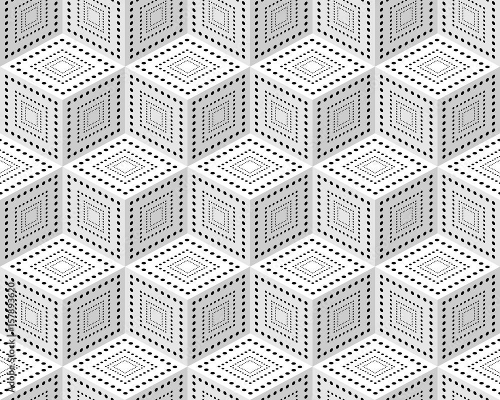 Poster seamless pattern from monochrome isometric cubes. cuba on a white background. the pattern of dots an
