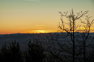 Naklejka premium Montichiello - Tuscany/Italy: October 29, 2017: Winding Cypress lined road in Monticchiello, Val d'Orcia Tuscany Italy at sunset