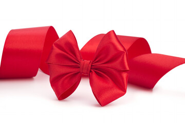 Red bow, red satin ribbon on white background