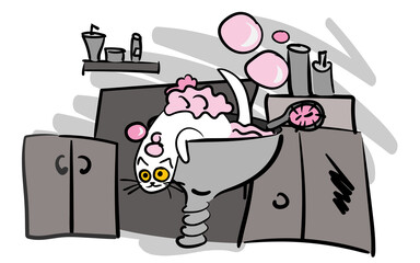 Vector cartoon illustration of a cat bathing in a wash basin in bathroom, isolated on white background