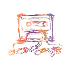 Audio cassette tape with love song lettering.