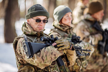 Team of  airborne infantry men with weapons