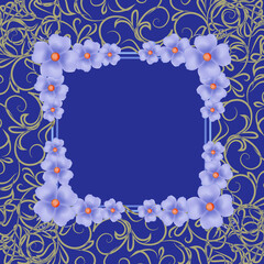 Blue background with border and flowers. Illustration.