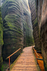 Boardwalk through the rock city in Adrspach - National Nature Reserve in the Czech Republic, Europe.