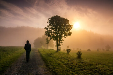 Hazy landscape at sunrise with the silhouette of a man walking on a dirt road.