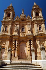 The facade of Birzebbuga Parish Church, with its decorations, statues and pillars Malta Europe