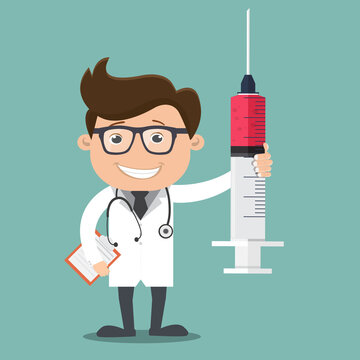 Doctor man holding syringe - vector illustration