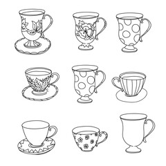 Coloring page set. Cupcake, ice cream, tea pot, cup.