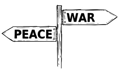 Cartoon Vector Direction Sign with Two Decision Arrows War and Peace