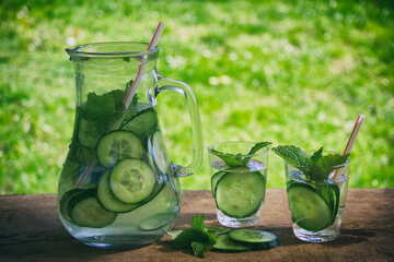 Refreshing summer cucumber drink in the garden. Fresh sliced cucumber with mint leaves in a glass...