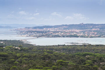 Fototapeta na wymiar View of the characteristic village and blue sea of Caprera La Maddalena Island Sardinia Italy Europe