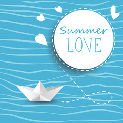 Summer love poster banner vector  illustration with paper boat