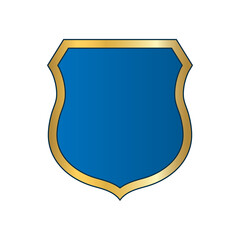 Gold-blue shield shape icon. Bright logo emblem metallic sign isolated on white background. Empty shape shield. Symbol of security, protection, defense. Shiny element design Vector illustration