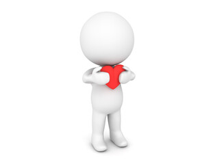 3D Character holding red cartoon heart close to his chest