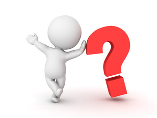 3D Character leaning on question mark symbol and waving